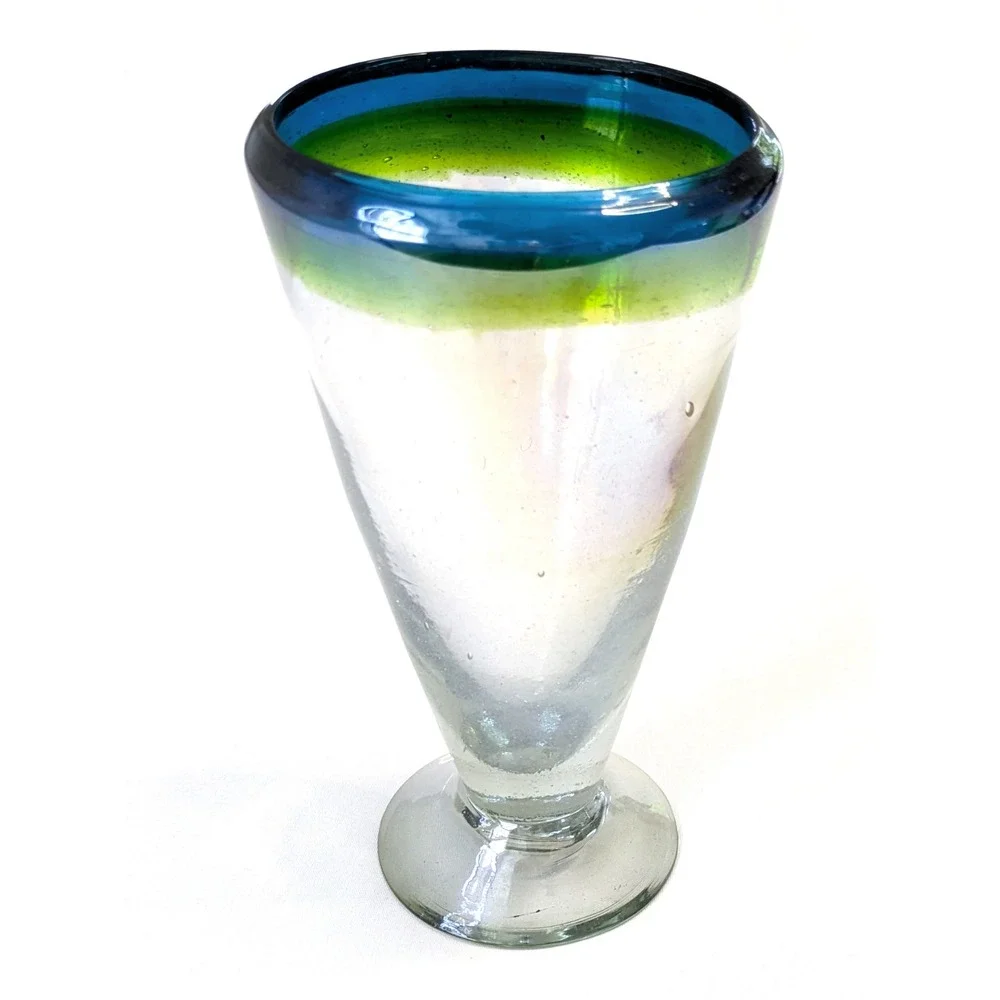 Mexican Hand Blown Glass Pilsner Cobalt Blue Green Rim Footed Beer Glass 7 inch